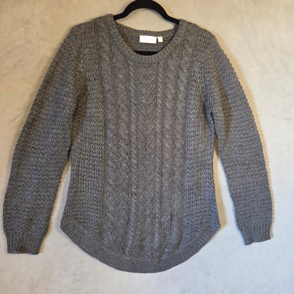 RD Style Cable Knit Sweater Women Large Crewneck Curved Hem Fisherman Cabin